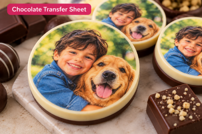 Edible chocolate transfer sheets displaying a child and golden retriever photo on white chocolate decorations. 