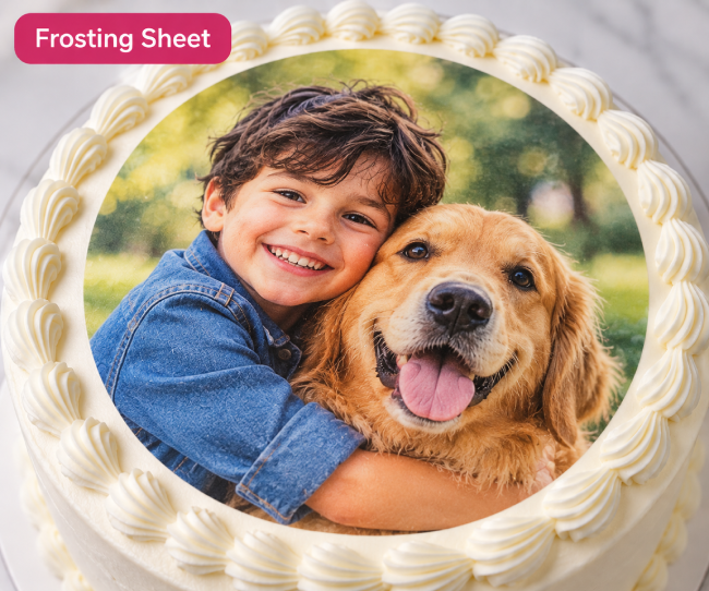 Edible images for cakes featuring a child and dog photo printed on a white frosting sheet. 