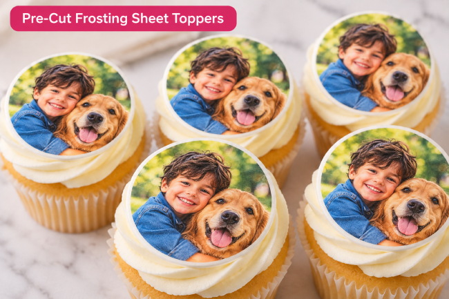 Pre-cut frosting sheet toppers with custom edible images for cakes featuring a child and golden retriever photo on vanilla cupcakes. 